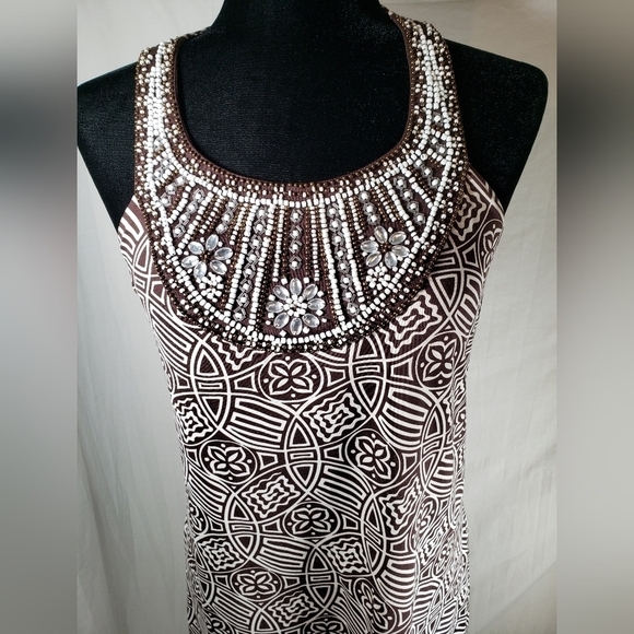 INC International Concepts Jeweled Beaded Collar Brown Sleeveless Dress Sz S - Picture 3 of 12